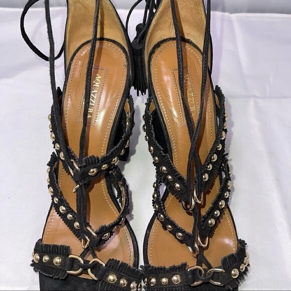 𝅺Aquazzurra Sandals Firenze Tulum Black Suede Sandals Chunky Heel Size 37 U.S. 6 - Picture 7 of 15
